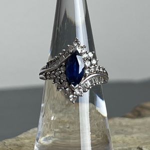 Sterling lab created sapphire and diamond ring. Size 6.